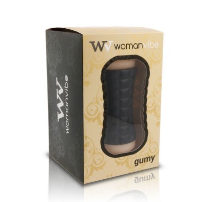 Embalagem do produto Woman Vibe Gumy com acessórios preto texturizado visível.