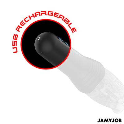 Dispositivo preto e branco com destaque em USB RECHARGEABLE e texto JAMYJOB