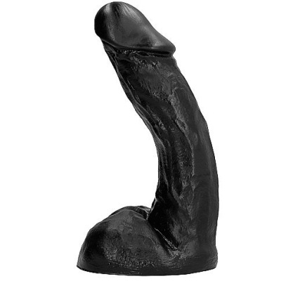 Dildo preto com textura detalhada e base larga curvada