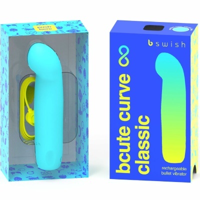 Vibrador azul claro e embalagem azul com texto bcute curve classic