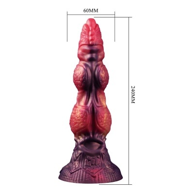 Escultura em silicone vermelha e roxa com textura detalhada e base larga.