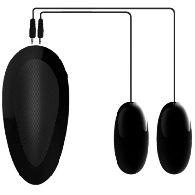 Dispositivo preto com unidade oval grande texturizada e dois pequenos componentes ovais ligados por cabos