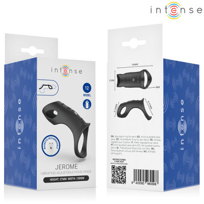 Embalagem do anel vibratório ajustável para pénis Jerome, com design preto e detalhes em azul e branco.
