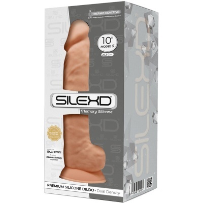 Embalagem de dildo de silicone cor bege com texto 'SILEXD' e '10