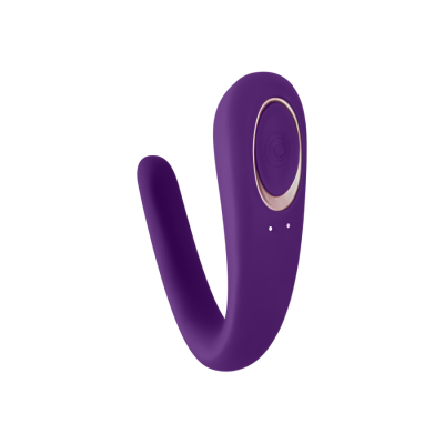 Vibrador roxo em silicone com duas extensões e botão circular