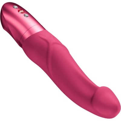 Vibrador rosa com base metálica rosa e botões prateados