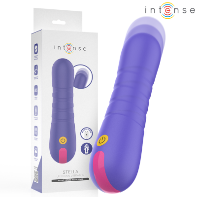 Vibrador roxo e rosa com embalagem branca com texto Intense e Stella