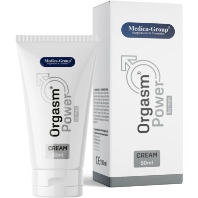 Frasco e embalagem de creme branco Orgasm Power for men com texto azul e cinza