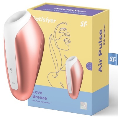Estimulador rosa e branco Air Pulse da Satisfyer ao lado da sua embalagem amarela e azul com texto e desenho