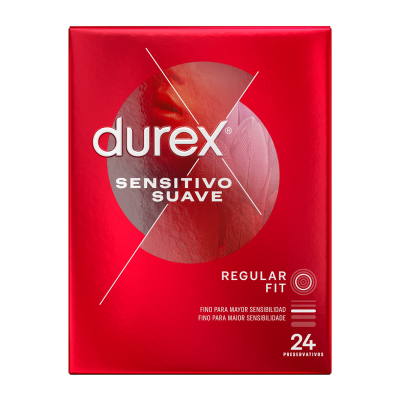 Embalagem vermelha de preservativos Durex Sensitivo Suave Regular Fit 24 unidades