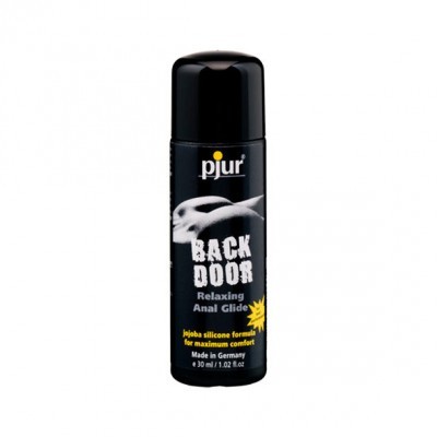 Frasco preto de lubrificante anal com texto e imagem em preto e branco