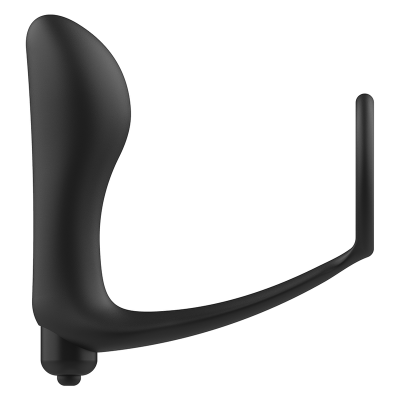 Prótese de silicone preta com design ergonómico sobre fundo branco