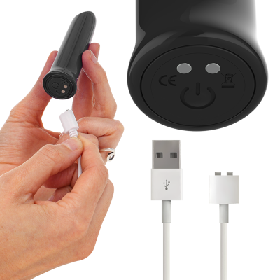 Dispositivo cilíndrico preto com cabo USB branco para carregamento