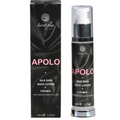 Loção corporal Apolo Silk Skin para homens em embalagem preta com texto rosa e branco