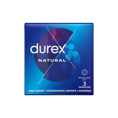 Embalagem azul de preservativos Durex Natural com texto e marca visíveis