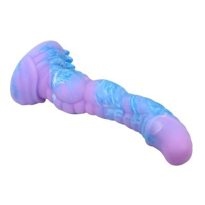 Dildo rosa e azul em silicone com textura detalhada