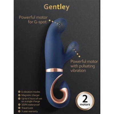 Vibrador azul escuro com detalhes dourados e texto em inglês em fundo preto