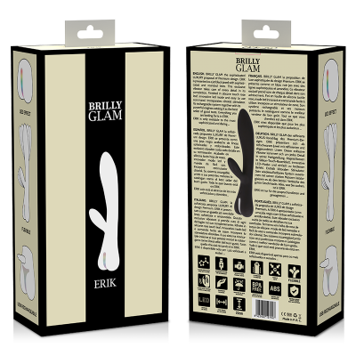 Embalagem para vibrador branco 'BRILLY GLAM ERIK' com texto e ícones no verso