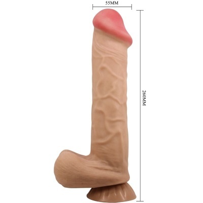 Dildo realista cor pele com glande avermelhada e base côncava, medindo 260MM por 55MM