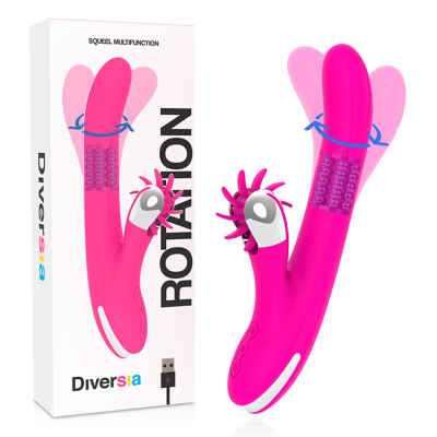 Vibrador rosa com rotação e textura, em embalagem branca com texto e cabo USB