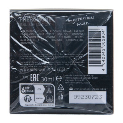 Embalagem de perfume Pheromone eau de parfum com texto e código de barras