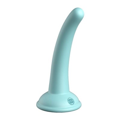 Brinquedo erótico azul claro curvo com base redonda sobre fundo branco