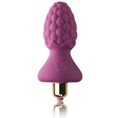 Plug anal roxo com textura bolhas e base metálica dourada