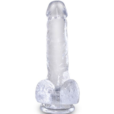Dildo transparente com textura anatómica e base com testículos