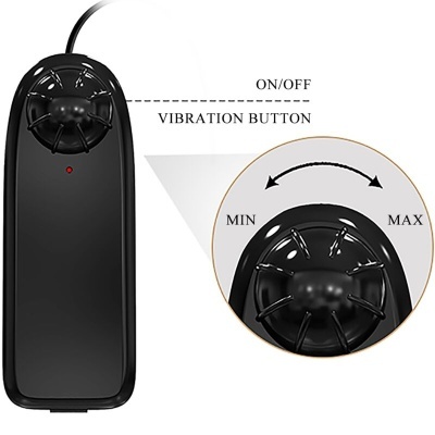 Comando remoto preto com botão em relevo em forma de aranha e marcações ON/OFF, MIN e MAX