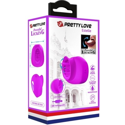 Embalagem de produto vibrador roxo Pretty Love Estelle com funções de lamber e controlo remoto.