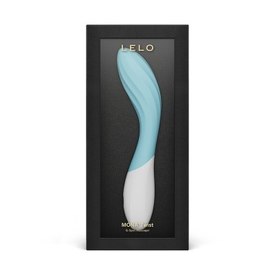 Massageador LELO MONA Twist azul e branco em embalagem preta
