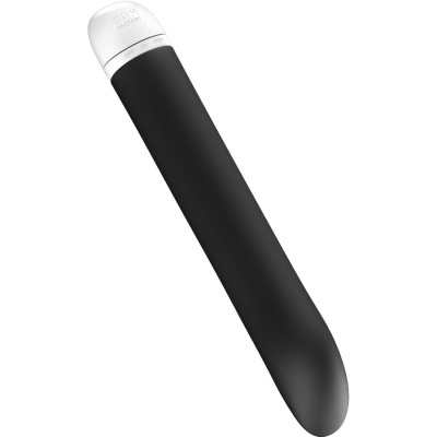 Vibrador preto e branco com texto RELAX FACTORY e opções OFF ON OPEN na tampa branca