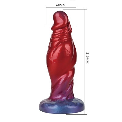 Produto fálico vermelho e azul com dimensões 68MM de largura por 210MM de altura