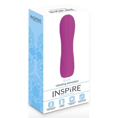 Embalagem de vibrador roxo ELLIE da marca INSPIRE ESSENTIAL com fundo branco e detalhes em azul