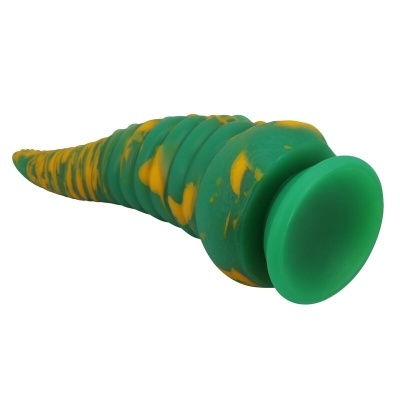 Produto de silicone verde e amarelo com base circular plana