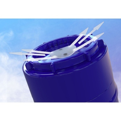 Recipiente cilíndrico azul com tampa e setas brancas num fundo azul claro