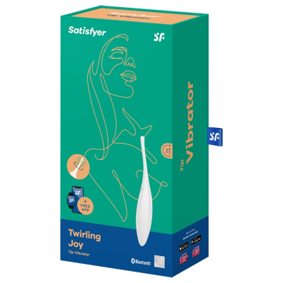 Embalagem do vibrador Satisfyer Twirling Joy Tip Vibrator em verde e azul com texto e ícones
