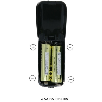 Recipiente preto com duas pilhas AA douradas e texto '2 AA BATTERIES'