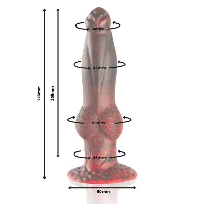 Dildo vermelho e preto com dimensões e textura nodosa.