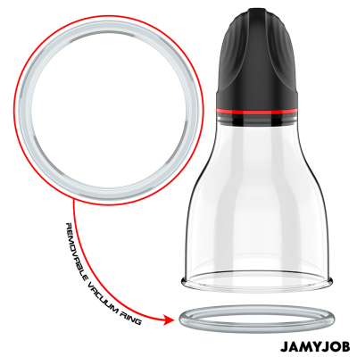 Recipiente transparente com tampa preta e anel removível com texto JAMYJOB num fundo branco