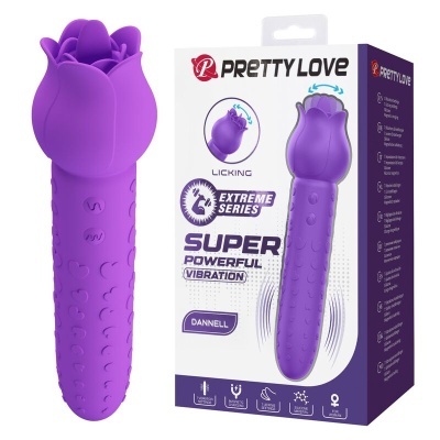 Vibrador roxo em forma de rosa e sua embalagem com texto promocional