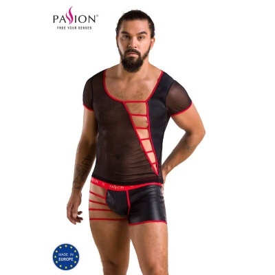 Roupa interior masculina preta e vermelha com detalhes vermelhos e transparências