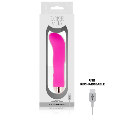 Vibrador rosa de silicone na embalagem com texto DOLCE VITA e USB RECHARGEABLE