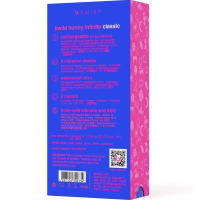 Embalagem azul e rosa do produto bwild bunny infinite classic da marca bswish com texto branco detalhando características.