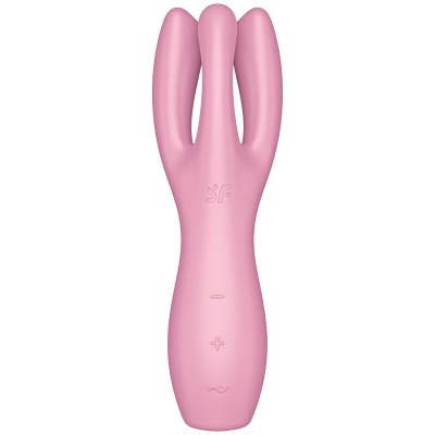 Vibrador roxo em silicone com três dedos e símbolos na base
