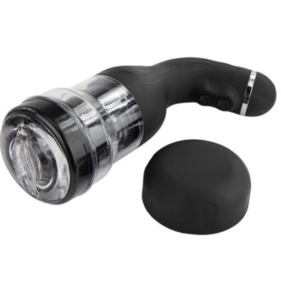 Aparelho preto com partes transparentes e tampa preta separado sobre fundo branco