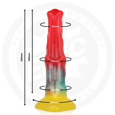 Produto colorido em silicone com medidas visíveis e base amarela