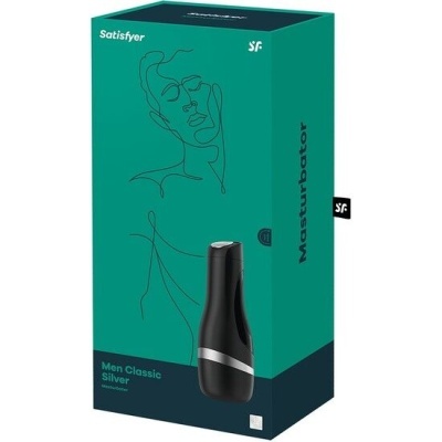 Embalagem do Masturbator Men Classic Silver da Satisfyer em verde e preto com desenho abstrato