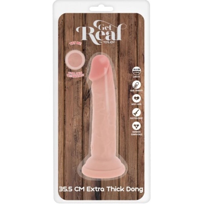 Dildo cor pele com base de sucção apresentado em embalagem com fundo de madeira e texto informativo.