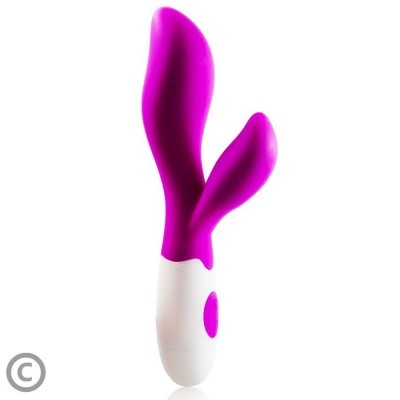 Vibrador roxo com cabo branco e botão rosa